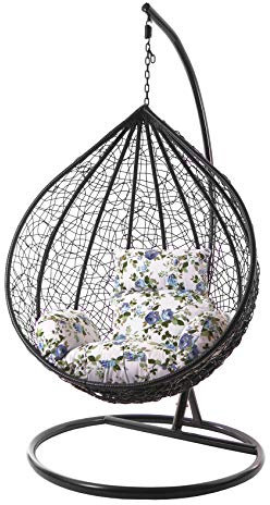 KIDEO Komplettset: großer Hängesessel mit Gestell & Kissen, Korbsessel, Poly-Rattan (Korb & Gestell: schwarz, Kissen: Blumenmuster Nest (1078_icerose))
