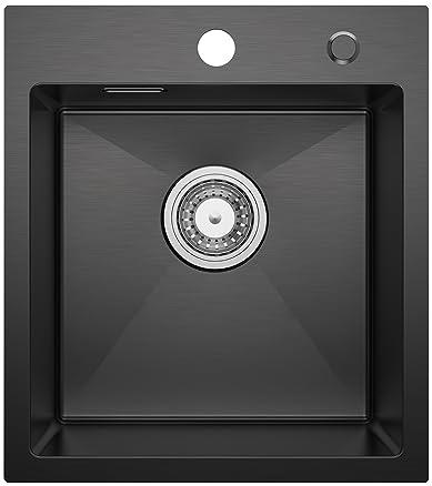 CECIPA Spülbecken 40 * 45 cm, Spüle Schwarz Anthrazit mit Siphon, Küchenspüle Edelstahl Eckig, Waschbecken Küche mit 2 HahnLöcher, Einbauspüle Klein ab 40er Unterschrank (kein Seifenspender)