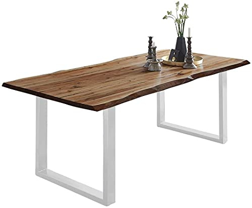 SAM Baumkantentisch 180x90 cm Mephisto, Akazienholz massiv + naturfarben lackiert, Esstisch mit weiß lackiertem U-Gestell, Esszimmertisch/Holztisch, Tischplatte 26 mm