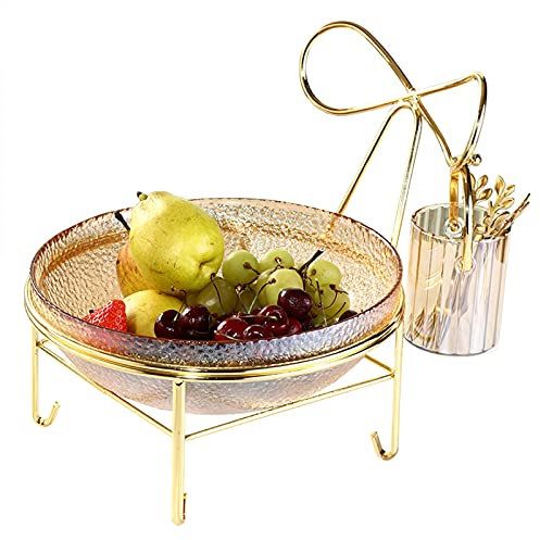 GOODSH Large Glass Salad Bowl With Metal Stand Fruit Dessert Bowl Kitchen Party Serving Bowl Comes With 4 Fruit Forks Storage Tub,Yellow
