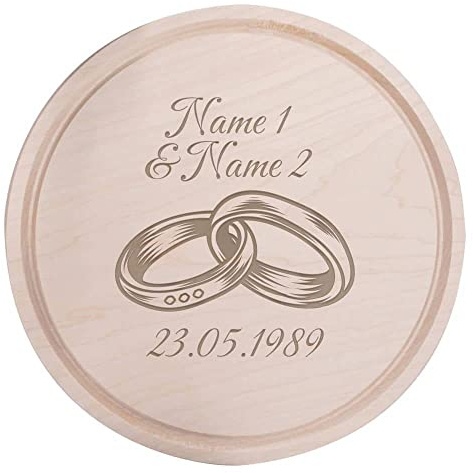 Deitert Frühstücksbrettchen mit Name und Datum graviert - Holzbrett Geschenk für Valentinstag, Hochzeit, Geburtstag für Frauen/Männer - Schneidebrett Holz Rund, 24 cm Ø, 2 Eheringe Gravur