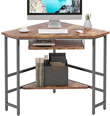 Eckschreibtisch für kleinen Raum, soges Computertisch mit Ablageablage und Tastaturablage, dreieckiger Schminktisch mit stabilem Metallrahmen, kompakter Heimbürotisch, rustikales Braun