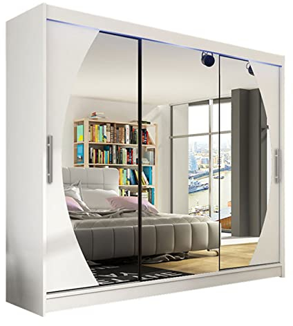 Mirjan24 Kleiderschrank Aston V mit Spiegel, Garderobe, Schlafzimmer, Schwebetürenschrank, Schiebetürenschrank, Schlafzimmerschrank (Weiß, mit RGB LED Beleuchtung)