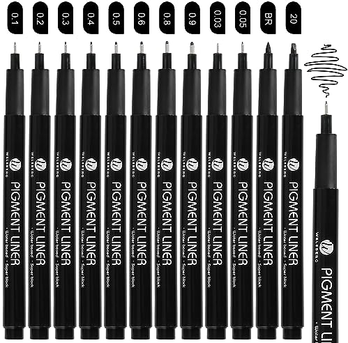 welsberg Pigment Liner Set mit 12 Linienbreiten, Fineliner Stifte, schwarz Pigmenttinte, Filzstiften, Wasserfest Stifte für Künstler, Illustration, Skizzen, Technisches Zeichnen