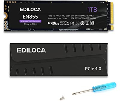 Ediloca EN855 SSD da gioco interno con dissipatore di calore 1 TB PCIe Gen4, NVMe M.2 2280, fino a 7400 MB/s, unità a stato solido, configura cache DRAM, compatibile con PS5 e PC