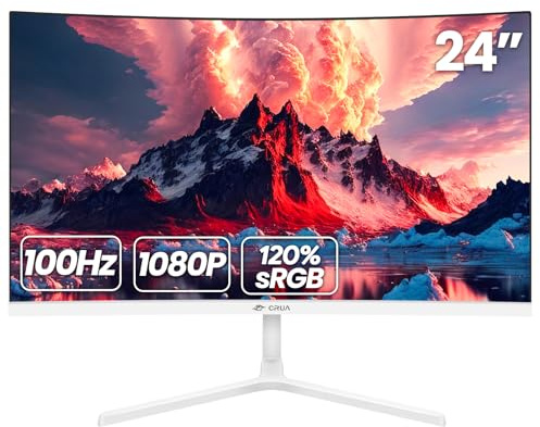 CRUA 24 Inch Curved Monitor, FHD(1920×1080P) 100HZ 120% sRGB Computer Monitors, Narrow Bezels on Three Sides, Blue Light Filter PC Monitor for Home, Office and Dormitory(HDMI, VGA)-White