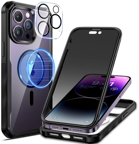 seacosmo Magnetic for iPhone 14 Pro Max Case with Privacy Screen Protector | Compatible with MagSafe, Camera Lens Protector, Full Body Bumper Military-Grade Drop Protection Shockproof Phone Cover, Black