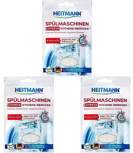 HEITMANN Express Spülmaschinen Reiniger 30g: Reiniger für Geschirr, 3fach aktiv gegen Fett, Kalk, Gerüche, wirkt schon im Kurzprogramm, spart Zeit, Energie und Kosten (Packung mit 3)