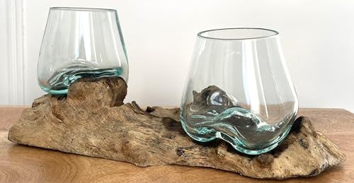 My Square Mile Double Molten Glass Bowls On Wood Root Stand Glass Rustic Decorative Ornament Sculpture Key Sweet Display Dish