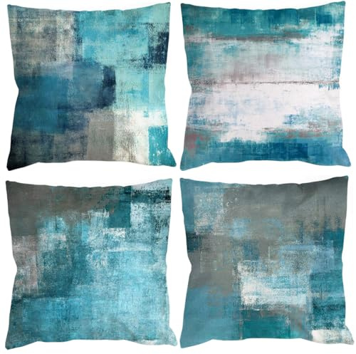 Türkis Grau Kissenbezug kissenbezüge 40x40 4er Set Dekokissen Modern Sofakissen Leinen Kissenhülle Abstrakte Gemälde Deko Kissen Aesthetic Couchkissen Kuschelkissen für Sofa Wohnzimmer Zierkissen