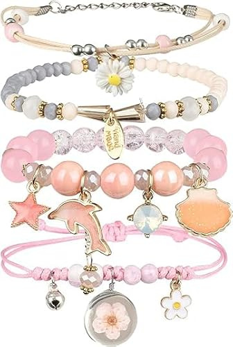 LYBHZDQ 4 st pärlband söta armband för tonårstjejer kvinnor handgjorda justerbara berlockarmband set ankelband presenter till vänner, 1.96 inches, Metall, delfin, stjärnor, skal, tusensköna, ädelsten