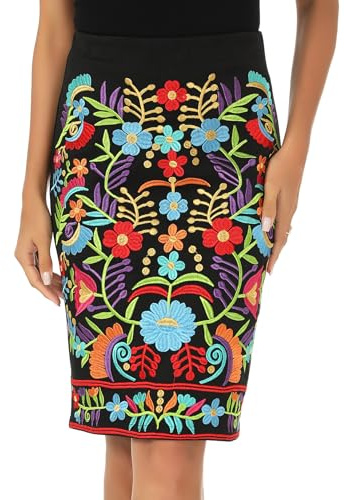 Mexican Skirt for Women Ethnic Artisanal Embroidered Fiesta Wear Folk Heritage Style Festival Traditional Dress Authentic Midi Black Independence Day Outfit Cinco De Mayo