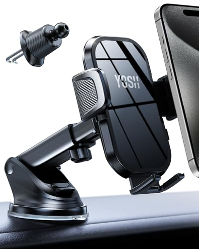 YOSH Soporte Móvil Coche Ventosa & Gancho de Metal, 2024 Nuevo Diseño Brillante Universal [3 en 1] Porta Movil Coche Ventilación Rejilla Salpicadero Parabrisas para iPhone Samsung 4-7 Smartphone