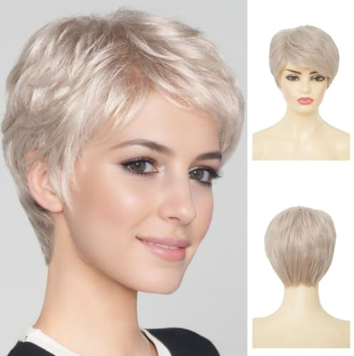 Siudus Damen Kurze Blond Pixie Cut Perücke Platin Gerade Seitenteil Schichtes Haar Perücke Shaggy Synthetische Faser Alte frauen Perücken für Den Täglichen Gebrauch(Weiße Blond)