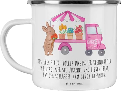 Mr. & Mrs. Panda Camping Emaille Tasse Osterhase Blumenwagen - Ostergeschenke, Osterdeko, Geschenk, Camping Becher, Edelstahl Trinkbecher, Emaille