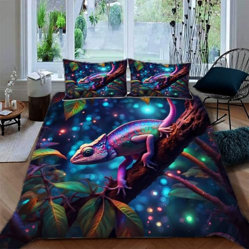 Ruiqieor Bettwäsche 135x200cm,Eidechse Chamäleon Motiv Bettwäsche Set 3teilig,1 Bettbezug+2 Kissenbezug 80x80 cm,3D Tier gedruckte Junge Mädchen Bettwäsche（#7）