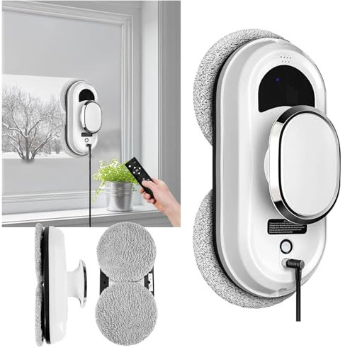 PLABNK Robot Limpiador Ventanas Inteligente, Succión Fuerte 5600Pa, Cabezal Limpieza En Espiral Doble, con Cuerda Seguridad/Anillo De Limpieza, para Vidrio De Varios Tamaños/Espesores,One Size