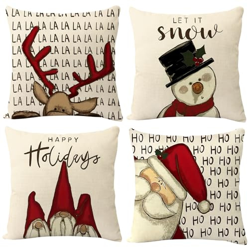 ALINK 4 Stück Kissenbezug Weihnachten, Leinen Dekorative Zierkissenbezüge，Weihnachtsmann Kissenbezug Deko Kissenhülle für Sofa Couch Schlafzimmer Wohnzimmer（45x45 cm）