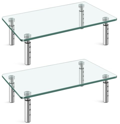 WKWKER Soporte de escritorio de vidrio transparente, paquete de 2 elevadores de monitor de computadora con altura ajustable, soporte para monitor multimedia plano para laptop, TV y computadora