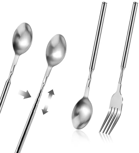 2 cucharas extensibles, tenedor telescópico ajustable de 8.7 a 25.5 pulgadas, cuchara larga retráctil de acero inoxidable, tenedor extendido para cena, postre de frutas, barbacoas