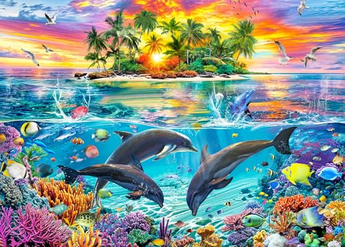 Puzzles 1000 Pieces for Adults Jigsaw Puzzles for adults 1000 Piece Puzzle Educational Games -Colorful Seascape Dolphins- Beautiful Decoration