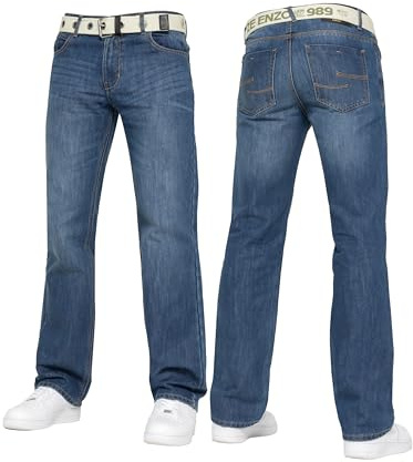 989Zé ENZO Mens Denim Straight Leg Jeans Trousers Regular Fit Stylish Fashion All Waist Sizes Free Belts EZ15 Stone WASH 34W / 32L