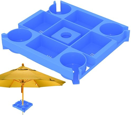 33 cm Bandeja para mesa con sombrilla de playa, accesorios para sombrillas de playa de exterior con 4 portavasos, 4 compartimentos para aperitivos, ranuras para teléfono, orificios para gafas de sol