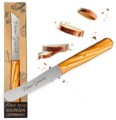 Personalisiertes Frühstücksmesser Solingen mit Holzgriff (Olive, 1x Wellenschliff)