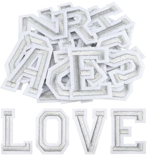 Morcheiong 78 Stück Bügel-Buchstaben-Patches A-Z, 2 Zoll Bügel-Alphabet-Patch bestickt für Kleidung, Hosen, Hüte, Taschen – Silber