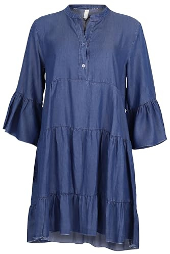 Malito - Damen Midi Denimkleid - Jeanskleid 3/4 Arm - atmungsaktives Sommerkleid - Volantkleid in Jeans-Optik 2308 - Dunkelblau