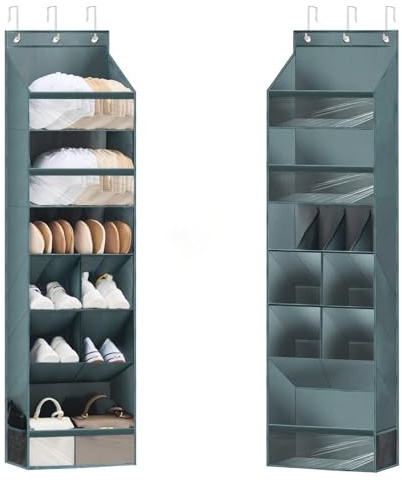 WERNNSAI Over Door Organizer 1 Pack Hanging Shoe Rack with 6 Layers 11 Pockets 50lbs Weight Capacity Shoe Holder with Clear Top Pockets Side Pockets for Closet Door Storage Toys Bags Grey