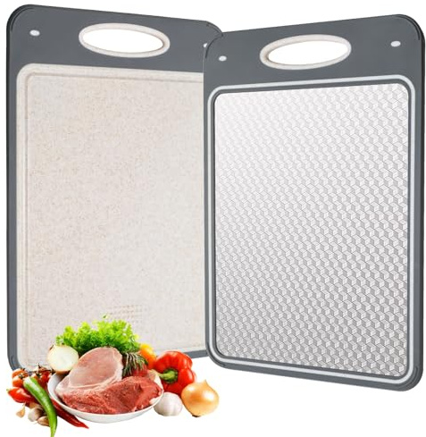 Cozary Planche a Decouper Inox, Planche à Découper Double Face pour La Cuisine 35X24CM, Planches à Découper en Acier Inoxydable 304 et Paille de blé PP, Rainure pour Le Jus， Passe Au Lave-Vaisselle