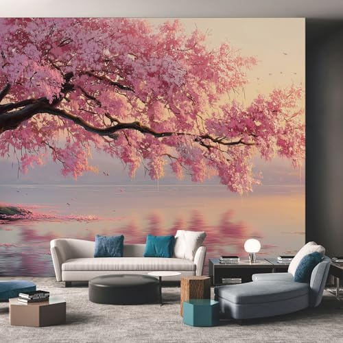 Générique Papier Peint Panoramique Fleur de Cerisier, Papier Peint Japonais Lac Paysage Fond pour Chambre Wallpaper, Fresque Murale pour Salon Salle Deco Murale, 350x256cm D&O22