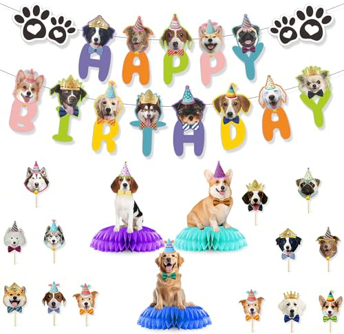 Decoración Cumpleaños De Perro, Feliz Cumpleaños Banner Cara De Perro, Adornos Para Cupcakes De Perros, Decoración De Panal De Perros, Adecuado Para Fiestas Temáticas De Mascotas