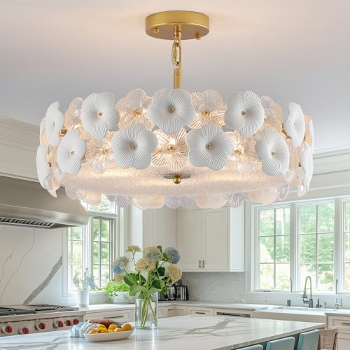 Rviezza Blumen Kronleuchter Modern aus Keramik und Glas 5 Flammig Deckenlampe Schlafzimmer Hängend mit Dimmbarer E14 Fassung Pendelleuchte Gold für Wohnzimmer Esszimmer