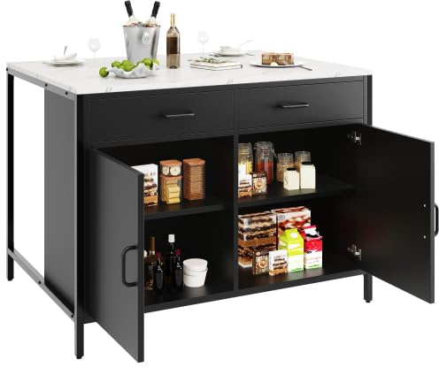 kozamas Isola da cucina, piano di lavoro da cucina regolabile in altezza, con cassetti, moderno carrello da cucina e tavolo da caffè in MDF, 100 x 90 x 90 cm, effetto marmo nero, per soggiorno e sala