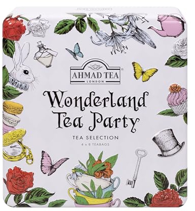 Ahmad Tea Gift Caddy | Wonderland Tea Party Selection Caddy | Black Teas & Green Tea | Perfect tea gift | 32 Teabag Sachets | 4 Flavours