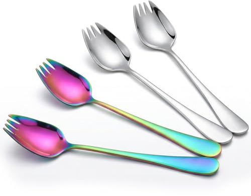 Elegaperma 4 Pcs 6.5 in Food-Grade Metal Spork with Knife Edge Long Handle | Stainless Steel Sporks for Camping,Hiking,Office Lunch and Salad - Kitchen Camping Spork Knife for Cooking and Dining