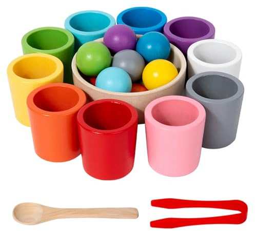 Holz Rainbow Ball und Becher Spielzeug - Farbige Lernspiele für Kinder, Montessori Sortier- und Stapelspielzeug mit 10 Farben, Bildungswerkzeug für Kinder ab 3 Jahren zur Farberkennung und Zählen