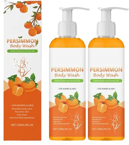 Lavado Corporal Caqui Para Olor Corporal, 2 Packs Gel De Ducha De Caqui, Desodorante Natural Gel Ducha Con Extracto Caquis Y Té Verde, Hidratantes Limpieza Profunda Gels De Baño, Para Hombres Mujeres