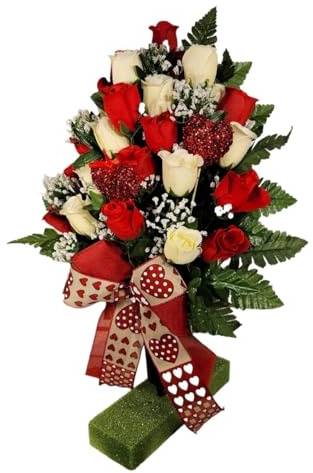 SHAOMABA Red & White Rosebuds Valentine's Memorial Grave Flowers with, Baby's Breath, 2 Hearts, and a Bow Grave Flowers for Anniversary/Valentines Gifts