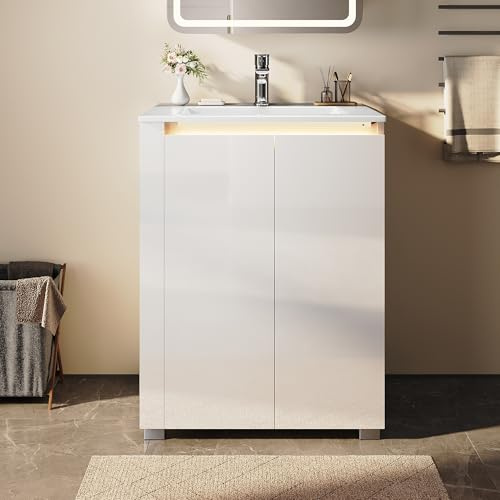 SONNI Badmöbel Set Waschbecken mit Unterschrank 60cm, Stehend inkl. Keramikwaschbecken, LED-Lichtleiste, Offenem Fach, Grifflos, Hochglanz Weiß, Badezimmermöbel, 60x50x80cm.