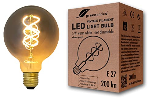 greenandco Bombilla de filamento LED Vintage gris plata E27 G95 5W 200lm 1800K (blanco cálido) 360° 230V vidrio, no regulable