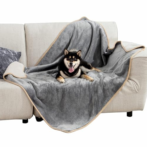 Bedsure Waterproof Dog Blankets for Large Dogs - Large Cat Blanket Washable for Couch Protection, Sherpa Fleece Puppy Blanket, Soft Plush Reversible Throw Furniture Protector, 40X50, Grey