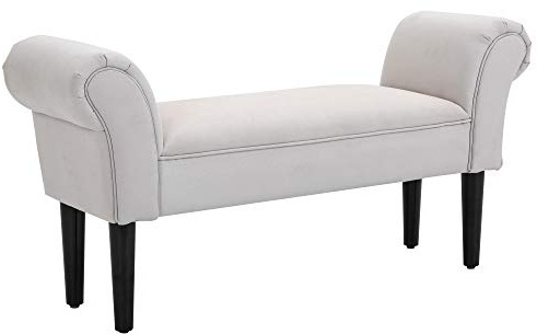HOMCOM End of Bed Bench, Upholstered Window Seat with Arms and Wooden Legs, Modern Shoe Bench for Entryway, Living Room, Bedroom, Greyish White