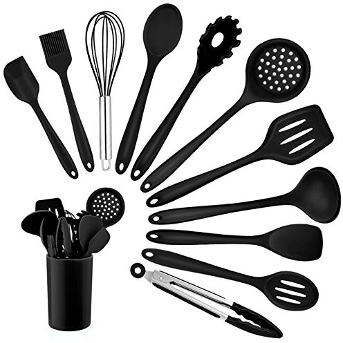 Kitchen Utensil Set, Homikit 12 Piece Cooking Utensils, Silicone Kitchen Utensils Set with Holder, Heat Resistant Kitchen Tools Include Spoons Turner Spatula Ladle Tong for Non-Stick Cookware, Black