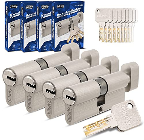 GERCAR Pro Gleichschließend 4 Knaufzylinder 40/40 Set 4x Schließzylinder mit Knauf inkl. 20 Schlüssel - 80 mm Türschloss Zylinderschloss 4er Zylinder - Länge: 80mm, A:40 B:40 - Messing matt massiv