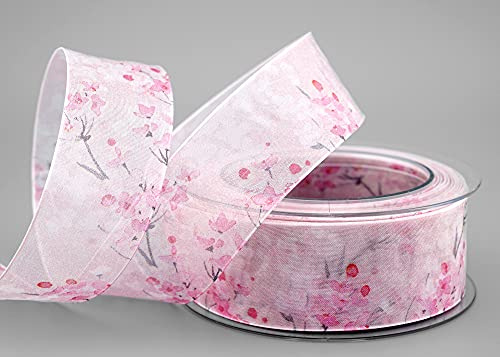 20 m x 40 mm Dekoband EVA Rosa Hellrosa Chiffon mit Blumen Blumenband transparent mit Drahtkanten Geschenkband Aquarell Schleifenband Stoffband Frühling Sommer Band Geschenkverpackung Geburtstag