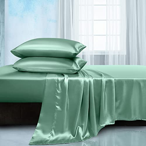 Manyshofu Satin Queen-Bettwäsche-Set, 4-teilig, kühlendes Luxus-Bettwäsche-Set, Salbeigrün – Spannbetttuch, Bettlaken, 2 Kissenbezüge