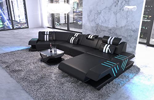 Sofa Dreams Couch Wohnlandschaft Venedig C Form Ledersofa - mit LED Beleuchtung, verstellbare Kopfstützen, Recamiere/Lederfarben wählbar/Ausrichtung wählbar (Ottomane rechts, Schwarz-Weiß)